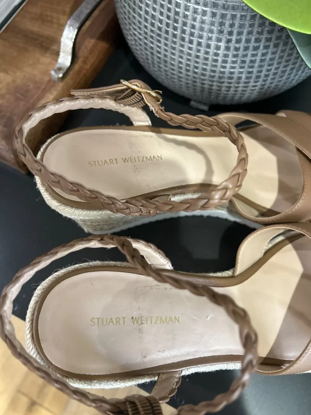 Stuart Weitzman Mykonos Espadrille Braided Leather Wedge Brown Womens Size 10